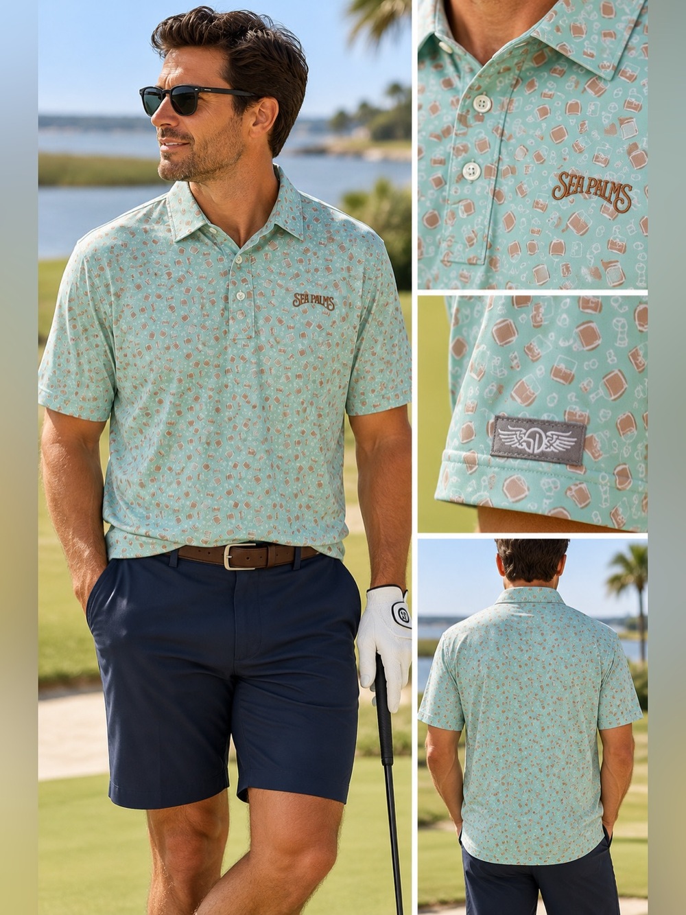 Straight Down Performance Sea Palms Bourbon Whiskey Print Golf Polo Men's XXL